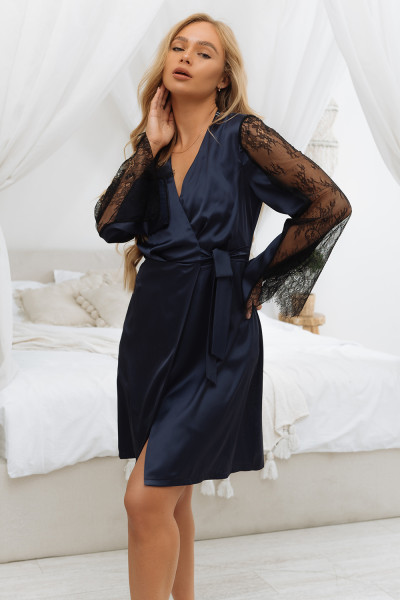 халат короткий с кружевными рукавами темно-синий 7244 от магазина «Зона Белья»