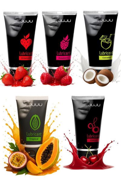 набор из 5 съедобных лубрикантов juju (клубника, малина, тропические фрукты, вишня, кокос) от магазина «Зона Белья»