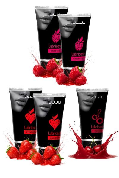 набор из 5 съедобных лубрикантов juju (клубника х 2, малина х 2, вишня) от магазина «Зона Белья»