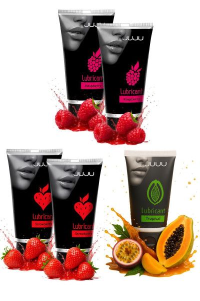 набор из 5 съедобных лубрикантов juju (клубника х 2, малина х 2, тропические фрукты) от магазина «Зона Белья»