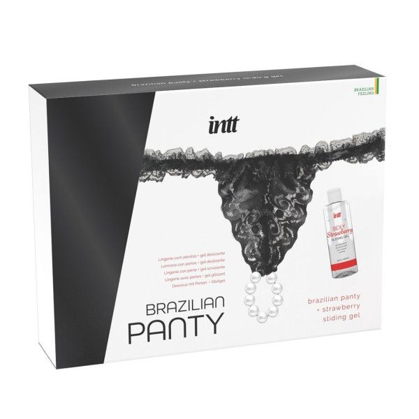 Набор Brazilian Panty: черные трусики со стимулирующими бусинами и массажный гель Sliding Gel Strawberry